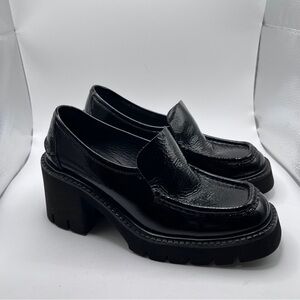 $670 Pedro Garcia Zavanna Block Heel Loafer BLACK PATENT PLATFORM 37 US 7
